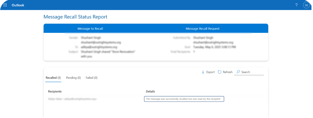 Message Recall Status Report