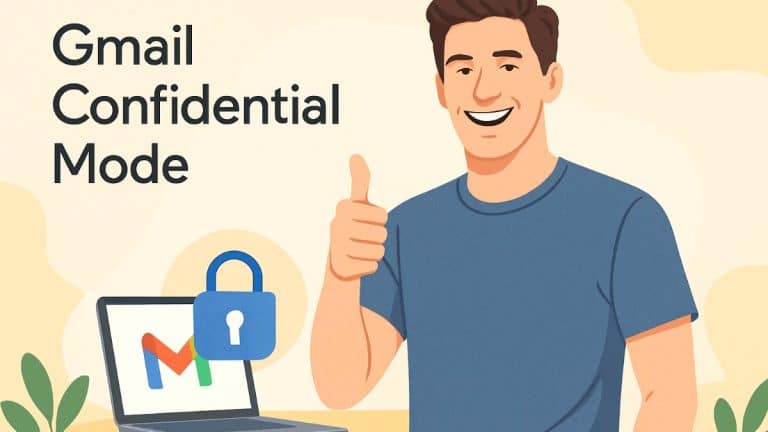 User giving thumbs up with Gmail Confidential Mode heading and security lock icon in cheerful background