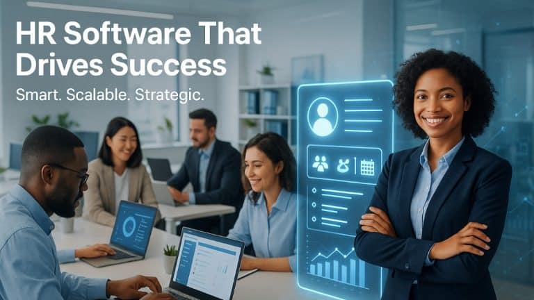 HR software interface in a modern office with professionals collaborating and using digital HR tools