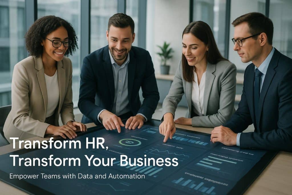 HR professionals collaborating around a touchscreen table displaying HR software dashboards with employee engagement and onboarding metrics