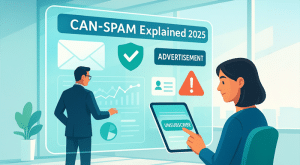 CAN-SPAM Act Explained 2025 illustration showing marketers reviewing compliance rules like unsubscribe, advertisement labels, and email safety.