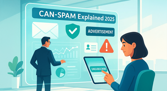 CAN-SPAM Act Explained 2025 illustration showing marketers reviewing compliance rules like unsubscribe, advertisement labels, and email safety.