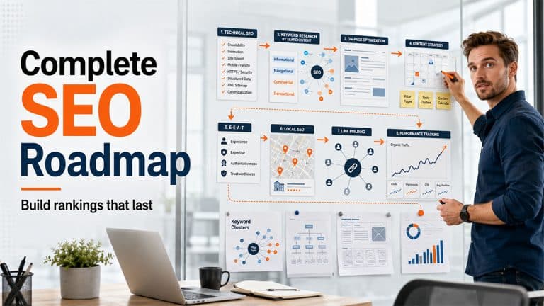 Complete SEO roadmap showing technical SEO, keyword research, on-page optimization, content strategy, link building, and performance tracking.