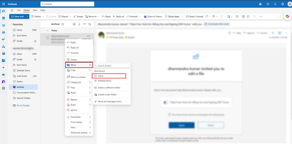 Choose Move, then select Inbox