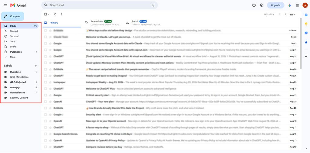 Open Gmail in your browser and look at the left-hand sidebar.