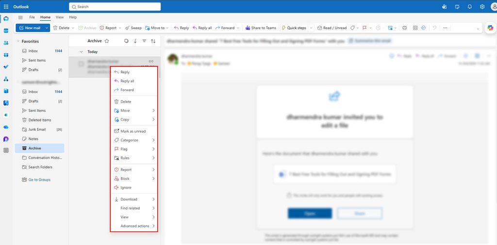 Right-click the email you want back