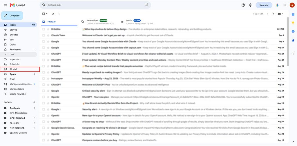 Select All Mail. This shows every email in your account whether it’s in the inbox, Sent, Drafts, or Archived messages all together.