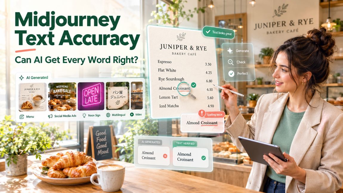 Midjourney text accuracy test showing AI-generated menu text and spelling verification in a café Copy Alt Text